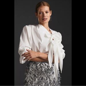 Maeve by Anthropologie Poplin Double Tie Bow White Blouse Large